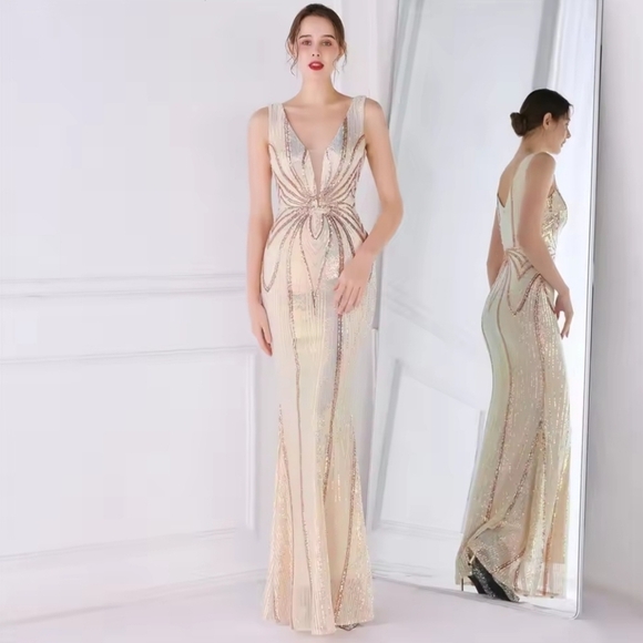 Champagne and Gold,  V Neck,  Striped,  Contrast Sequined Mermaid Gown - Picture 9 of 13